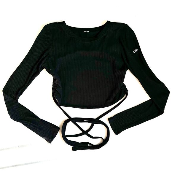 ALO Yoga Ribbed Manifest Long Sleeve Top Black Size M Tie Up Open Back Blouse - Picture 3 of 9